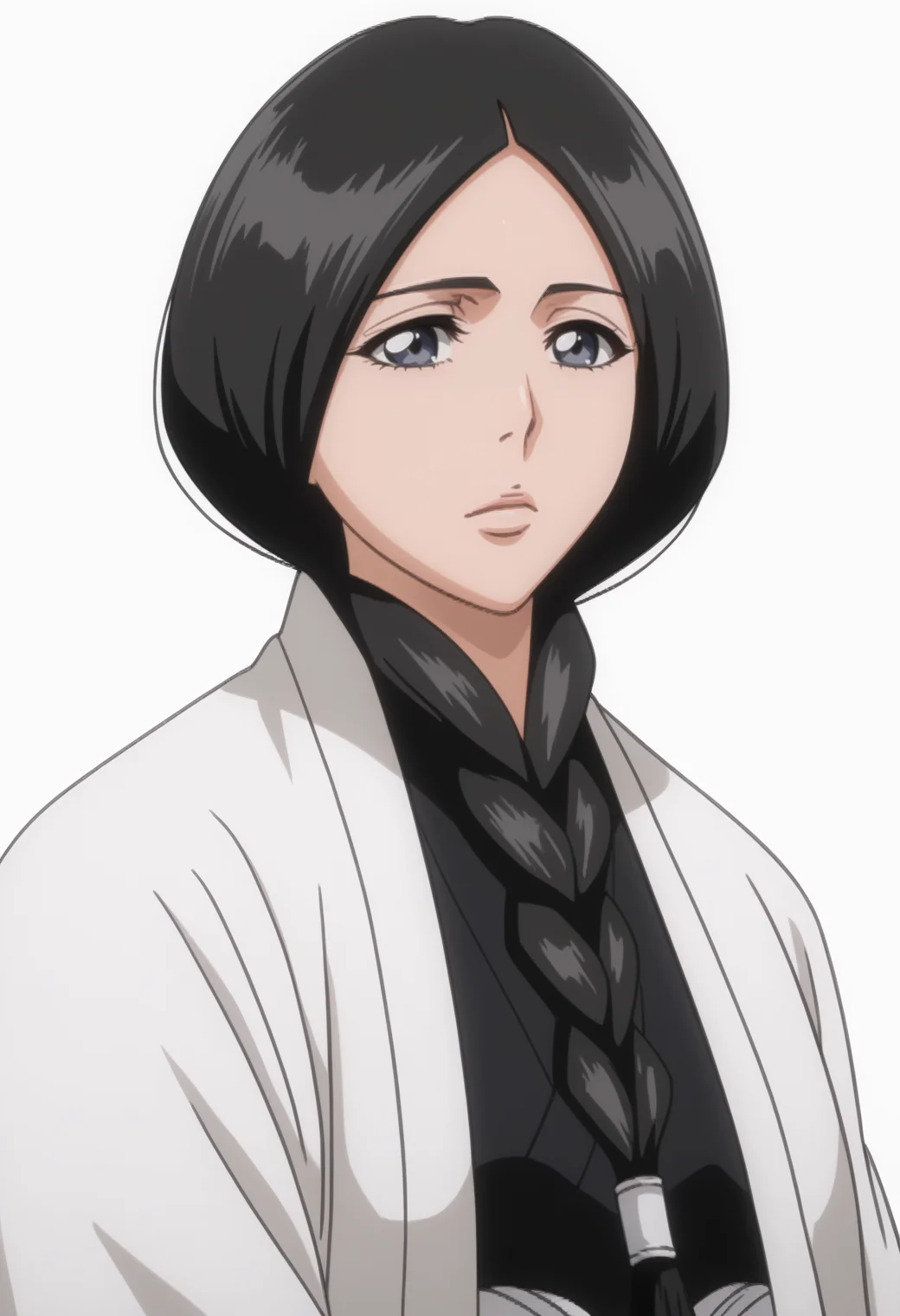 score_9, score_8_up, score_7_up, source_anime, BREAK, white background,  1girl, solo, <lora:DX888Retsu:1>, unohana retsu,   black hair, single braid, black hakama, white haori