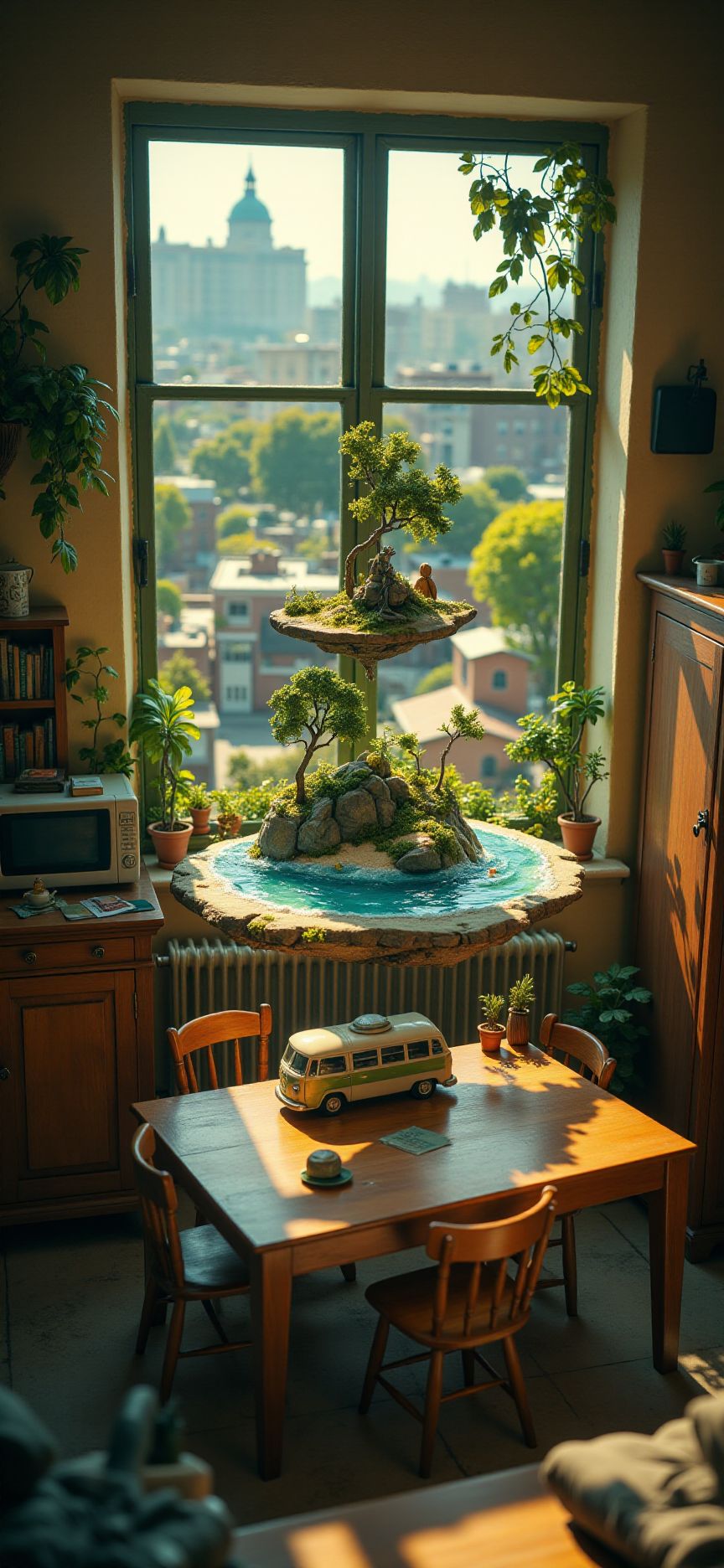 (indoor,very wide isometric view,tilt-shift lens:1.6), (windowless,fna_style,miniature,miniature,diorama,miniature,diorama,PVC,plastic:2),dawn jungle,beach,1950s town with bus  at (floating island,levitating  island:1.5) on (table:2) at (attic:2.5)   <lora:Diorama_Flux:1>
 <lora:Fantasy_Novel_Art_Style:1>
