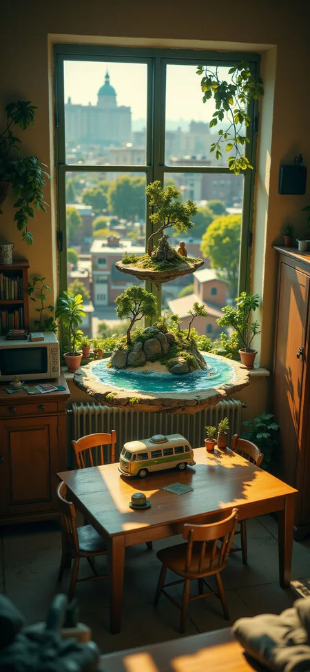 (indoor,very wide isometric view,tilt-shift lens:1.6), (windowless,fna_style,miniature,miniature,diorama,miniature,diorama,PVC,plastic:2),dawn jungle,beach,1950s town with bus  at (floating island,levitating  island:1.5) on (table:2) at (attic:2.5)   <lora:Diorama_Flux:1>
 <lora:Fantasy_Novel_Art_Style:1>