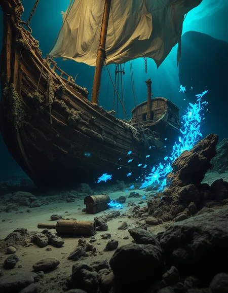 Imagine an image of an ancient shipwreck, its once-proud wooden hull now covered in barnacles and thick green algae, resting on the ocean floor beneath the eerie glow of the deep sea. Massive chains, rusted and broken, stretch from the crumbling mast to the rocky seabed, disappearing into the darkness beyond. The ship’s tattered sails float weightlessly in the current, their fabric shredded and translucent from centuries of decay. A school of ghostly bioluminescent fish dart through the shattered deck, their glowing blue trails illuminating the remnants of shattered cannons and long-lost treasures spilling from broken chests. In the background, the silhouette of an impossibly large leviathan looms, its massive yellow eye peering through the abyss. The lighting is deep and atmospheric, with soft ambient rays filtering from the distant surface, cutting through the darkness like celestial beams.