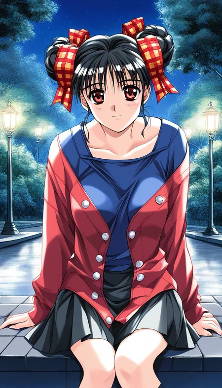 score_9, score_8_up, score_7_up, source_anime, rating_explicit, BREAK  <lora:Narusawa_Yui_XL:1> NarusawaYui, black hair, double bun, hair ribbon, plaid ribbon, medium breasts, red eyes, 
1girl, solo, skirt, sitting, ribbon, long sleeves,  plaid, 1990s (style)
night, park,