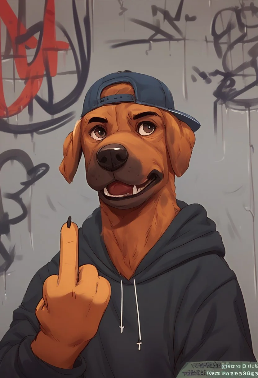 score_9, score_8_up, score_7_up, score_6_up, score_5_up, score_4_up, 1boy, dog wearing a hoodie, upper body, gang signs, graffiti, raised paw, backwards cap, middle finger