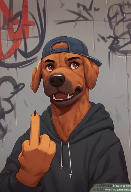score_9, score_8_up, score_7_up, score_6_up, score_5_up, score_4_up, 1boy, dog wearing a hoodie, upper body, gang signs, graffiti, raised paw, backwards cap, middle finger