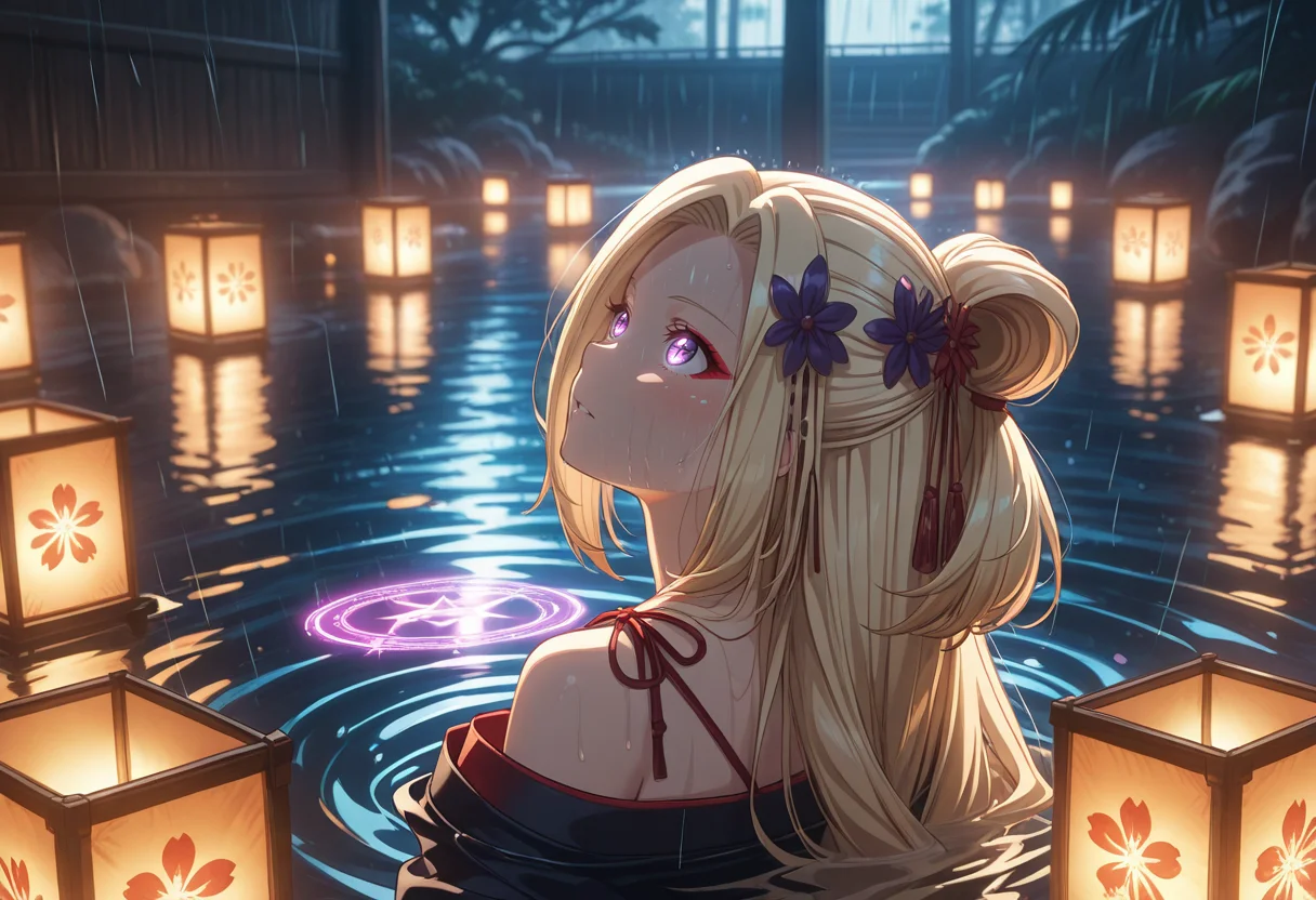masterpiece, best quality, anime, BREAK 1girl, solo,( looking up:1.6), flower, glowing, magic circle, ripples, (rain:1.6), solo, (bathing:1,6), (partially submerged:1.6), <lora:RealisticAnimeIXL:0.5> bokeh, luminescent background, <lora:Dramatic Lighting Slider:4> paper lantern, glowing eyes,
<lora:KuraraTendo-ILXL-V1:1> zt kurara kim0n0,blonde hair, long hair, half updo, purple eyes, red eyeliner,black kimono, off shoulders, feathers hair ornament, flower hair ornament,asymmetrical bangs, parted bangs