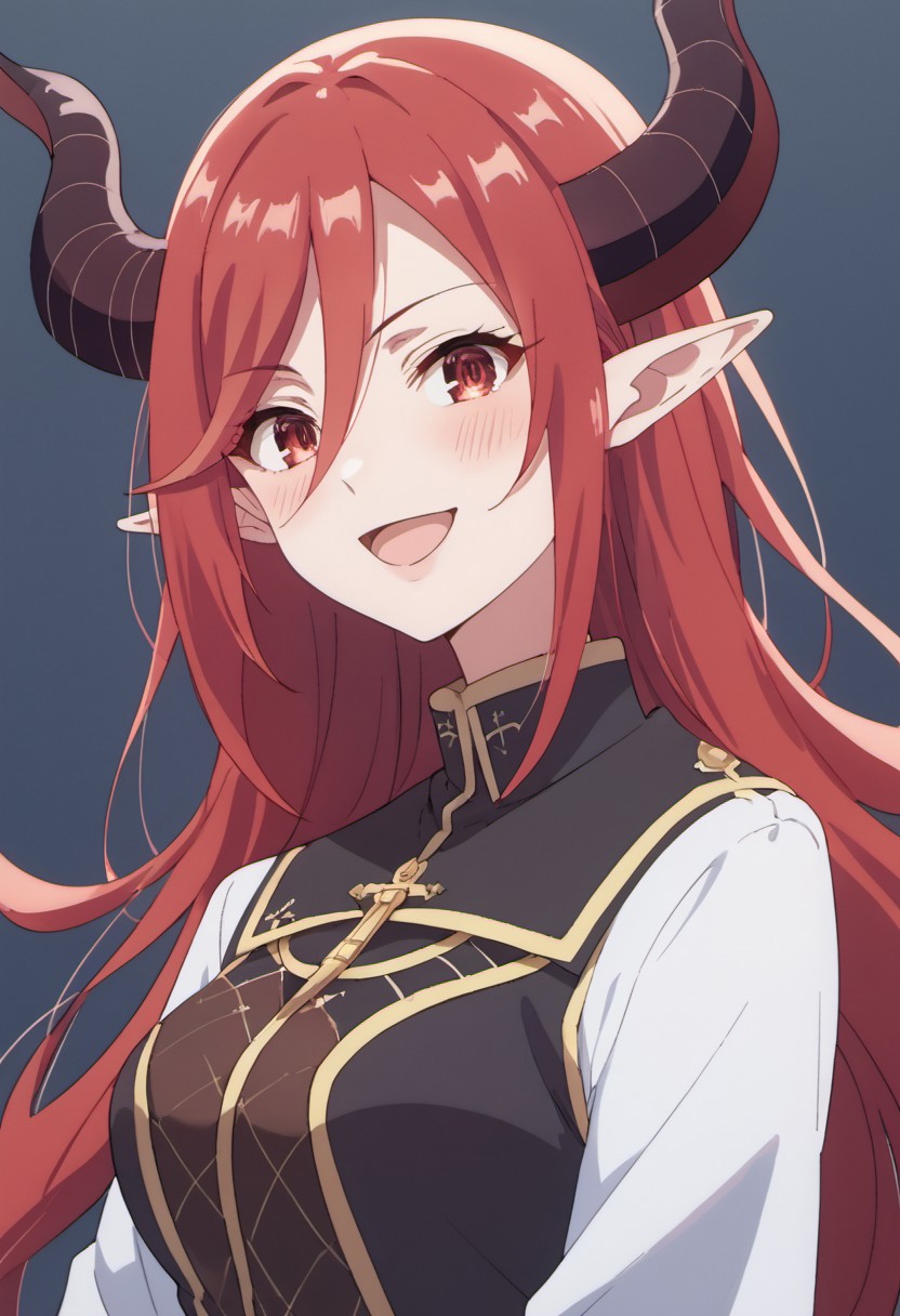 score_9, score_8_up, score_7_up, source_anime, sei utsuki, long hair, red hair, horns, pointy ears, red eyes, 1girl, solo, open mouth, smile, blush, hair between eyes, demon girl, demon horns, portrait, :d
