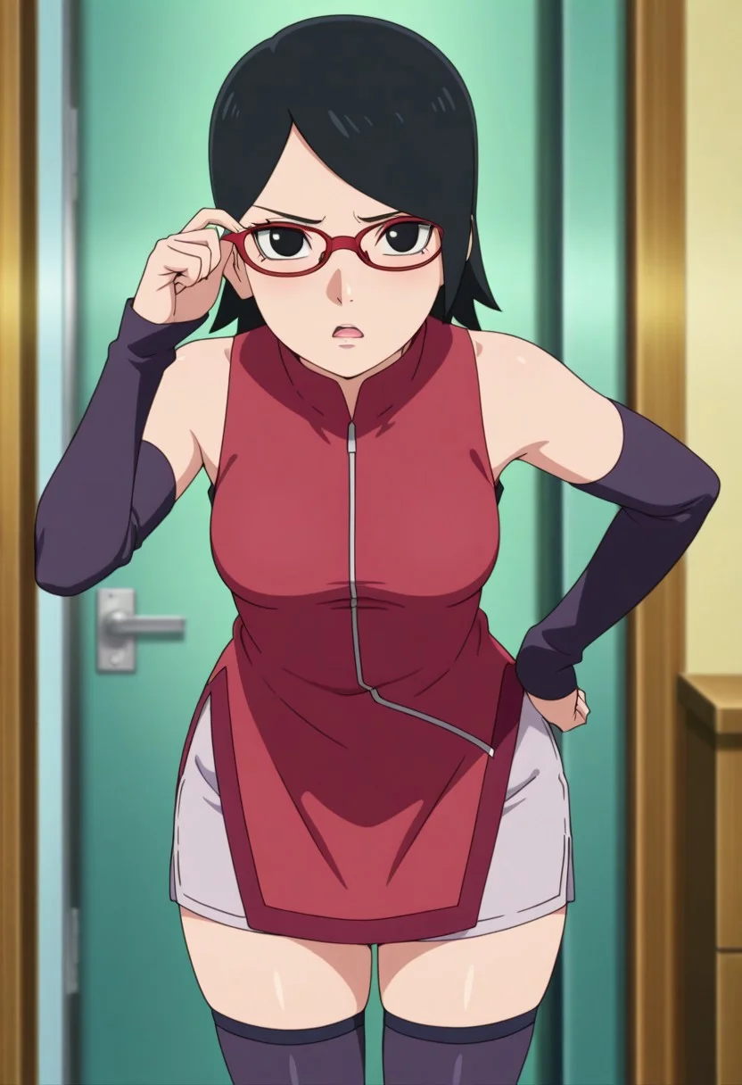 masterpiece, best quality, amazing quality, 4k, anime coloring, anime screencap, BREAK
(1girl, solo, sarada, black eyes, black hair, short hair, glasses,
detached sleeves, shorts, thighhighs, red sleeveless dress, thick thighs, medium breasts, semi-developed body, standing, eyes half closed, frowning, internally irritated, split lips, defined lips, adjusting glasses, slightly irritated, hand on hip, leaning forward, facing the viewer, medium shot, close up, female Focus, front view, front angle, bedroom
