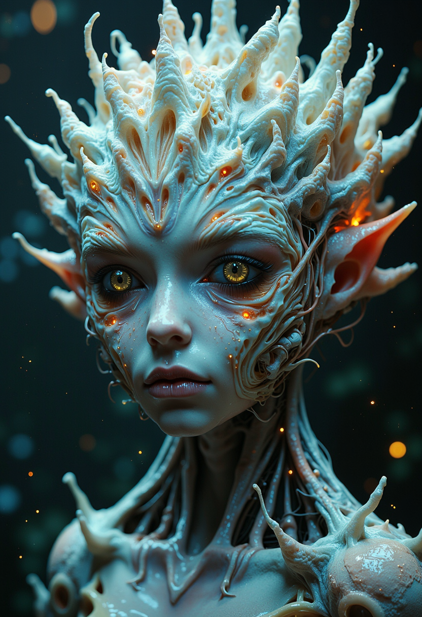 Hyper-realistic portrait of an otherworldly being, a fusion of organic and mechanical elements, set against a backdrop of ethereal bioluminescent flora. The entity's face is a mesmerizing blend of porcelain-like synthetic skin and exposed cybernetic components, with intricate fracture lines etched across its surface like ancient pottery. Its eyes are hauntingly human yet unnaturally large, one a striking blue surrounded by precision-engineered apertures, the other a deep amber lens with visible circuitry beneath.
The being's skull is elongated and adorned with a crown of crystalline, leaf-like protrusions that shimmer with an inner light, transitioning from a deep cerulean at the base to radiant gold at the tips. Delicate, translucent antennae extend from its temples, their ends glowing with bioluminescent particles that float and dance in the air around it.
Its neck and shoulders reveal a complex interplay of synthetic musculature and advanced machinery, with cables and conduits seamlessly integrated into its form. The skin is a pale, almost luminous white, with a network of faint, glowing veins visible beneath the surface, pulsing with an ethereal blue energy.
The creature's ears are elongated and elf-like, with intricate, swirling patterns etched into them that seem to shift and change when viewed from different angles. Its lips are a subtle shade of rose, appearing both delicate and artificial.
The lighting is dramatic and multifaceted, with soft, cool tones predominating but accented by warm, golden highlights that catch on the edges of its features and crown. Motes of light, like tiny fireflies, drift lazily around the being, adding to the magical atmosphere.
Every detail is rendered with painstaking clarity - each fracture line, every circuit, the individual strands of bio-luminescent particles - all captured with photographic precision. The overall effect is a stunning blend of the beautiful and the unsettling, the organic and the synthetic, creating an image that pushes the boundaries between reality and science fiction, inviting the viewer into a world of advanced technology and alien wonder.