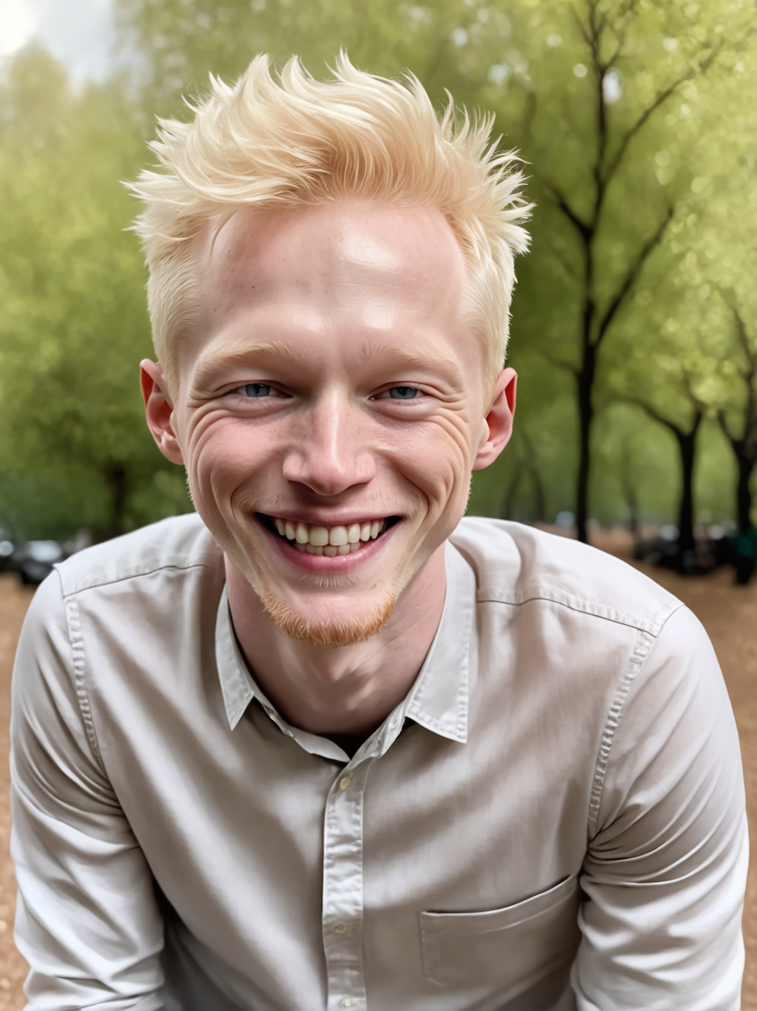 professional photograph, high resolution, 30yo drewsynthxl, portrait, solo, realistic, laughing, albino,
face focus, from above,
in the park, overcast