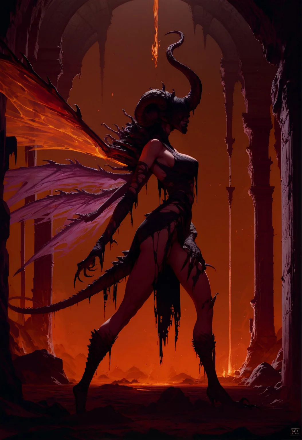 score_9, score_8_up, score_7_up,  realistic, concept art, (side view:1.2), 1girl, void queen, (flame wings:1.2), otherworldly, medium breasts, ominous, huge head dress, tall horny headdress, huge horns, spikes, thin black toga, ripped toga, exposed shoulders, (no face, creepy:1.2), long lizard tail, black scales, scaleborn, thighs, sleeves drapery, black lips, covered eyes, (face covered in black:1.2), intimidating, apocalyptic theme, scorched ground, long black claws, black talons, wide hips, hourglass figure, legs spread, standing, smoke, background fire, dark sky, rocks, boulders, lava, black gothic castle, arched back, dynamic pose, dark  <lora:pony/twilight_style:0.8> <lora:pony/expressiveh:0.8> expressiveh <lora:pony/vixon_gold:0.5> g0ldl34f <lora:sdxl/sinfully_stylish_sdxl>