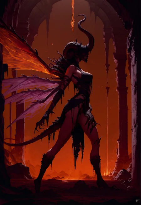 score_9, score_8_up, score_7_up, realistic, concept art, (side view:1.2), 1girl, void queen, (flame wings:1.2), otherworldly, medium breasts, ominous, huge head dress, tall horny headdress, huge horns, spikes, thin black toga, ripped toga, exposed shoulders, (no face, creepy:1.2), long lizard tail, black scales, scaleborn, thighs, sleeves drapery, black lips, covered eyes, (face covered in black:1.2), intimidating, apocalyptic theme, scorched ground, long black claws, black talons, wide hips, hourglass figure, legs spread, standing, smoke, background fire, dark sky, rocks, boulders, lava, black gothic castle, arched back, dynamic pose, dark <lora:pony/twilight_style:0.8> <lora:pony/expressiveh:0.8> expressiveh <lora:pony/vixon_gold:0.5> g0ldl34f <lora:sdxl/sinfully_stylish_sdxl>