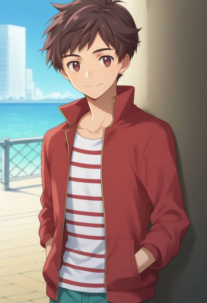 score_9, score_8_up, source_anime, highly detailed, 1boy, solo, skinny,
kazuki, 1boy, male focus, solo, brown hair, smile, shirt, brown eyes, jacket, striped shirt, red jacket, open jacket, short hair,
outdoor,