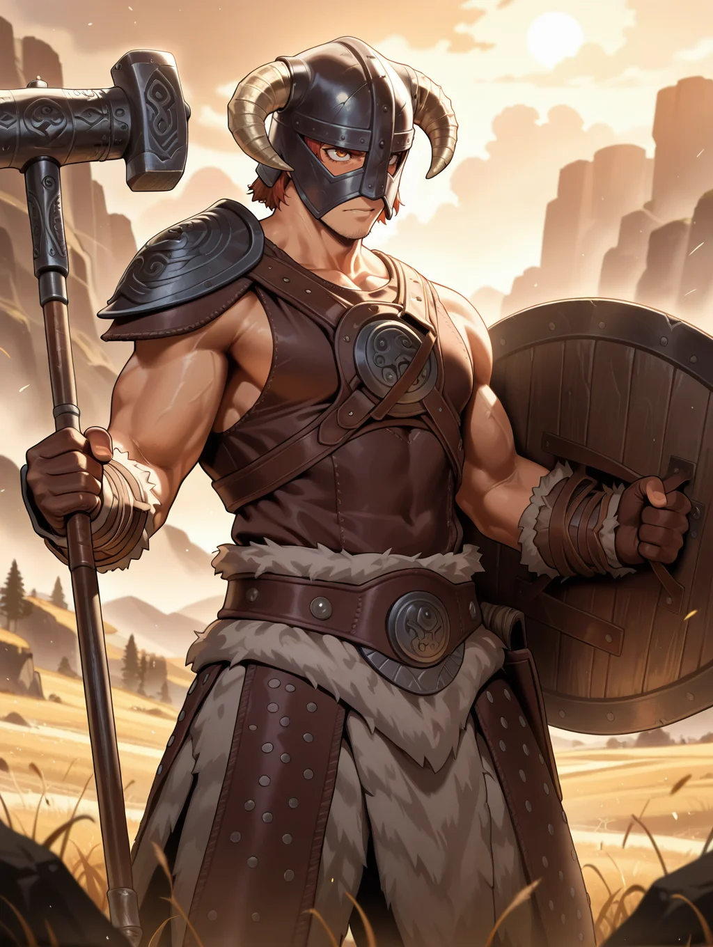 dovahkiin armor,shield,solo,hammer,muscular,male focus,1boy,1girl,horned helmet,brown gauntlets,holding hammer,
masterpiece,best quality,amazing quality,very aesthetic,absurdres,newest,<lora:Dovahkiin illuXL v1:0.78>,