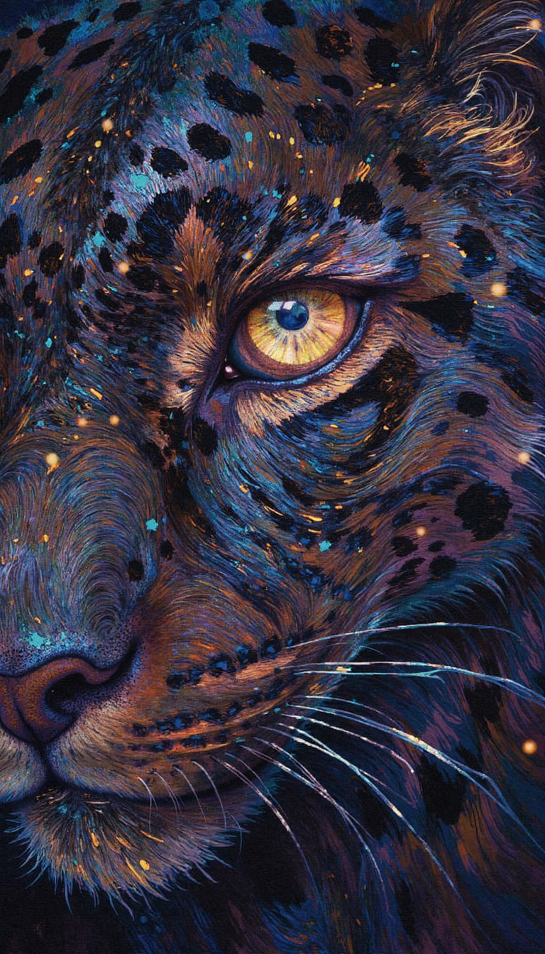 open_Impressionism,DIGITAL PAINTING,FLUORESCENT, GLOW,pointillist tetradic color dot technique,D4rch,fluidart style, scattered white dots,  Extreme close-up of a jaguar's eye, showcasing the intricate details and vibrant hues of its iris. Utilize a chiaroscuro lighting technique to emphasize the texture of the fur and create a sense of depth. The background should be tenebrous and out of focus, drawing the viewer's attention to the mesmerizing gaze. Render the image with hyperrealistic detail, capturing every nuance of the jaguar's fierce beauty.