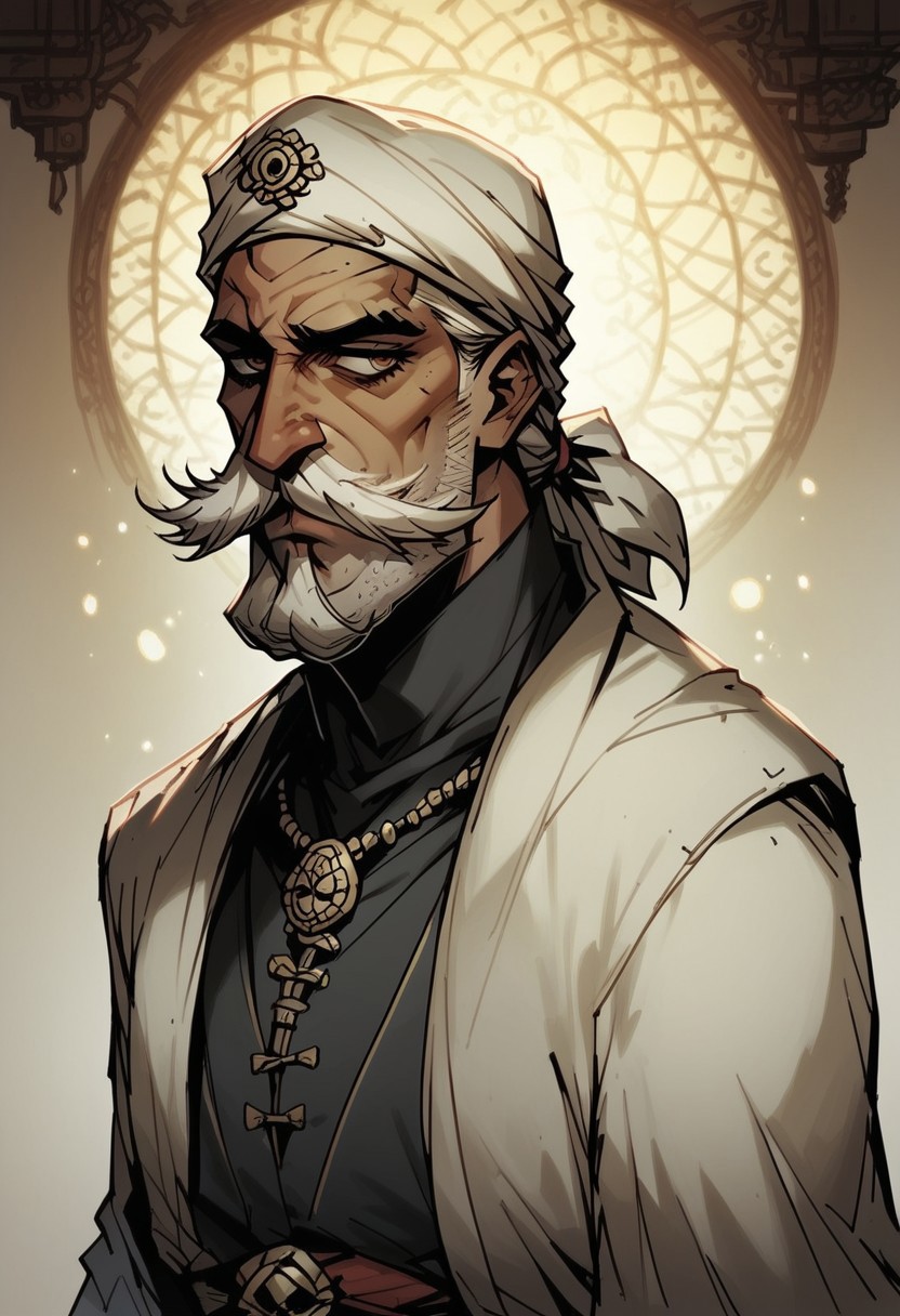 score_9, score_8_up, score_7_up, BREAK, 1boy cowboy-shot, beautiful, dramatic lights ((Occultist. OccultistDD. OccultistDarkest. Turban. Arabic. Arabic man. facial hair, mustache, goate, DDstyle. Darkeststyle. Darkestdungeonstyle.))