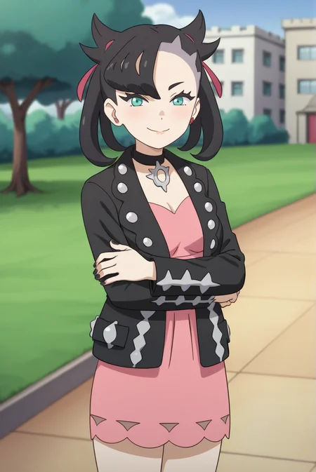 score_9, score_8_up, score_7_up, score_6_up, score_5_up, score_4_up, BREAK source_anime, 1girl, solo,
<lora:PokemonMarnieXL-v1-06:0.7>, ChopioMarnie, black hair, medium hair, twintails, undercut, pink hair ribbon, asymmetrical bangs, aqua eyes, eyelashes, pink earrings, looking at viewer,
mature female, [small breasts : medium breasts: 1], black nail polish,
outfit_1, black jacket, black choker, jewelry, open jacket, studded jacket, long sleeves, pink dress,
standing, smile, thighs, cowboy shot,
park, grass, stone path, lamppost, sunny, knees, crossed arms,