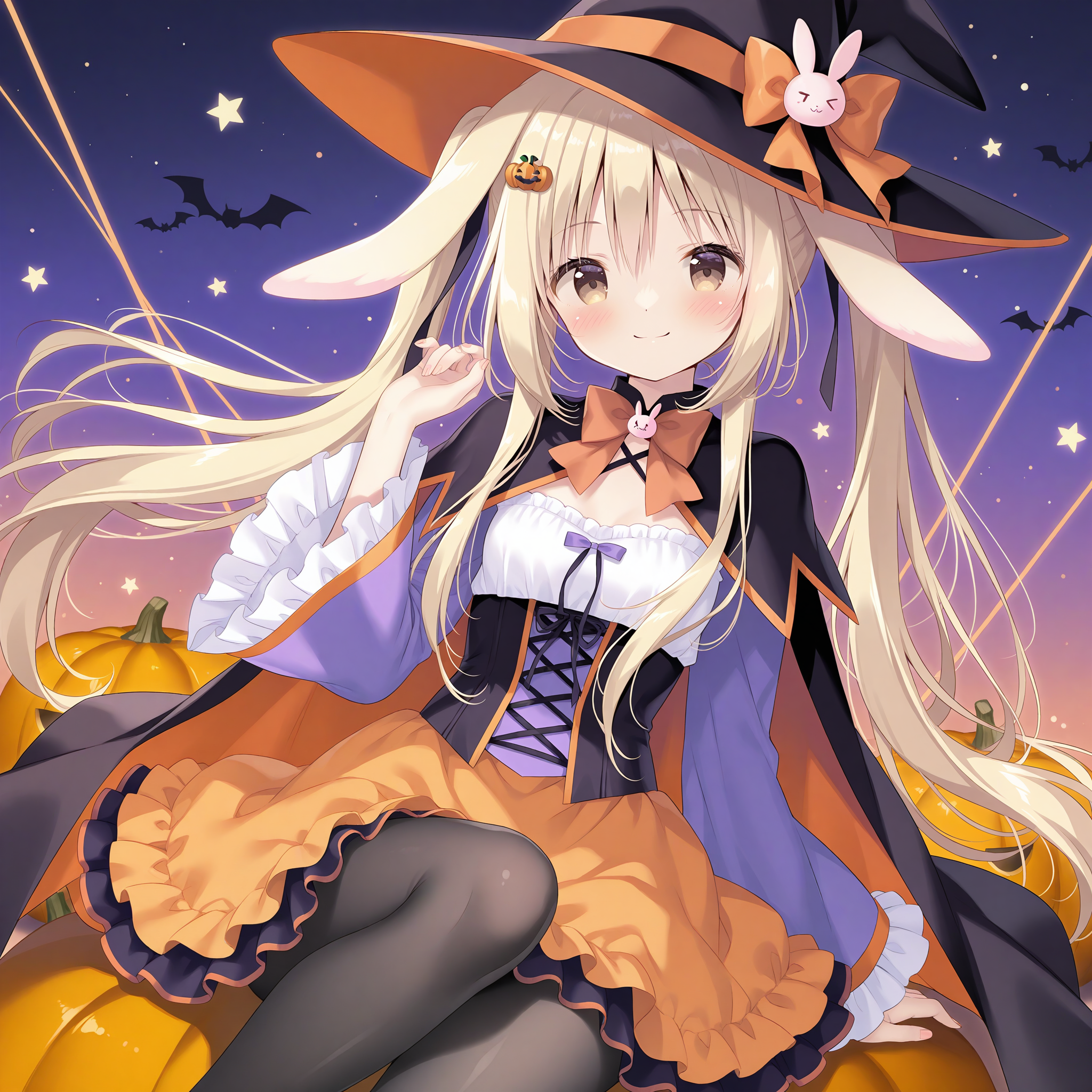 <lora:Momose_Mitsuki_2_nai-000023:1>,Momose Mitsuki,rabbit ears,
twintails,hair bow,pumpkin hair ornament,witch hat,rabbit hat ornament,hat bow,black headwear,black pantyhose,orange skirt,long sleeves,frilled sleeves,wide sleeves,purple bow,orange bow,black cape,frilled skirt,orange bowtie,criss-cross strings,halloween costume,layered cape,black frills,white frills,purple dress,black corset,
BREAK
1girl,solo,smile,looking at viewer,multicolored background,knee up,