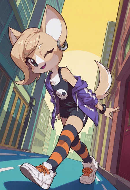 score_9, score_8_up, score_8, score_7_up, score_7, masterpiece, best quality, 7A3IFRHPR_illu, full body, walking, side view, looks at viewer,
BREAK
fashionable, black shirt with skull print, fashionable shorts, striped thighhighs, jacket off shoulder, sleeveless jacket, bracelet, bulky white sneakers, orange laces,
BREAK
Maddy, 1girl, solo, animal ears, furry female, animal nose, tail, body fur, two-tone fur, earrings, white fur, black eyes, flat chest, jewelry, blonde hair, hoop earrings, short hair, long eyelashes, parted lips, long eyelashes, fangs, chest fluff, happy, one eye closed,
BREAK
detailed background, city, high contrast, vivid lighting, unique angle, detailed and dynamic, 8k, hyper details, unique angle,