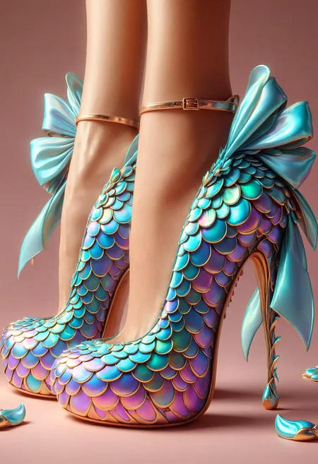 A whimsical shoe featuring an ankle strap, bow detail, and delicate straps, perfect for adding a touch of playfulness to any outfit, made out of iridescent scales, <lora:PinkieIriSclsSDXL-v1:1>, p1nk1r1sc4l3s,