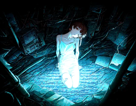 masterpiece, best quality, amazing quality, very aesthetic, absurdres,  newest, soft lighting, dark light,
1girl, iwakura lain,  solo,  thigh_gap , dark_background, cable, looking_at_viewer ,pile , spaghetti_strap , utility_pole,wire, monitor,entangled, digital_rain, from above, white camisole ,head up, head tilt,
optical illusion,yoneyama mai,quasarcake:0.7, rolua, negative space, cinematic shot, very awa, science fiction,matrix, code, digital,computer, glitch, covered  in wire, squatting, armpit, thick thigh, green background,
<lora:cfg_scale_boost:0.7>, <lora:illustrious_noobai_epsilon_pred_11_very_aesthetic_v1:0.6>, <lora:illustrious_noobai_epsilon_pred_1_masterpieces_v1:0.6>, <lora:illustrious_noobai_epsilon_pred_1_best_quality_v1:0.6>, <lora:Lain_PonyXLv3:0.7>, <lora:Code__Digital_World_Morph_v2_PONY_XL_by_UOC:0.7>, <lora:USNR STYLE_XL_loha:0.7>