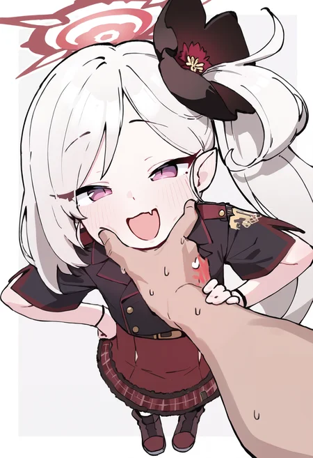 masterpiece, absurdres, newest, very awa, 1girl, solo, mutsuki \(blue archive\), mesugaki, black flower, flower hair ornament, grey hair, side ponytail, brown footwear, black shirt, red skirt, red halo, skin fang, :3, :D, hand on another's face, hand on own hips, looking at viewer, pov hands, pov embarrassed, two tone background, <lora:spo_sdxl_10ep_4k-data_lora_webui>, <lora:TA_trained:0.35>, <lora:NOOB_EPSv1_1_detailer_by_vlnvk_v0_5>, <lora:Loffo_style:0.8>