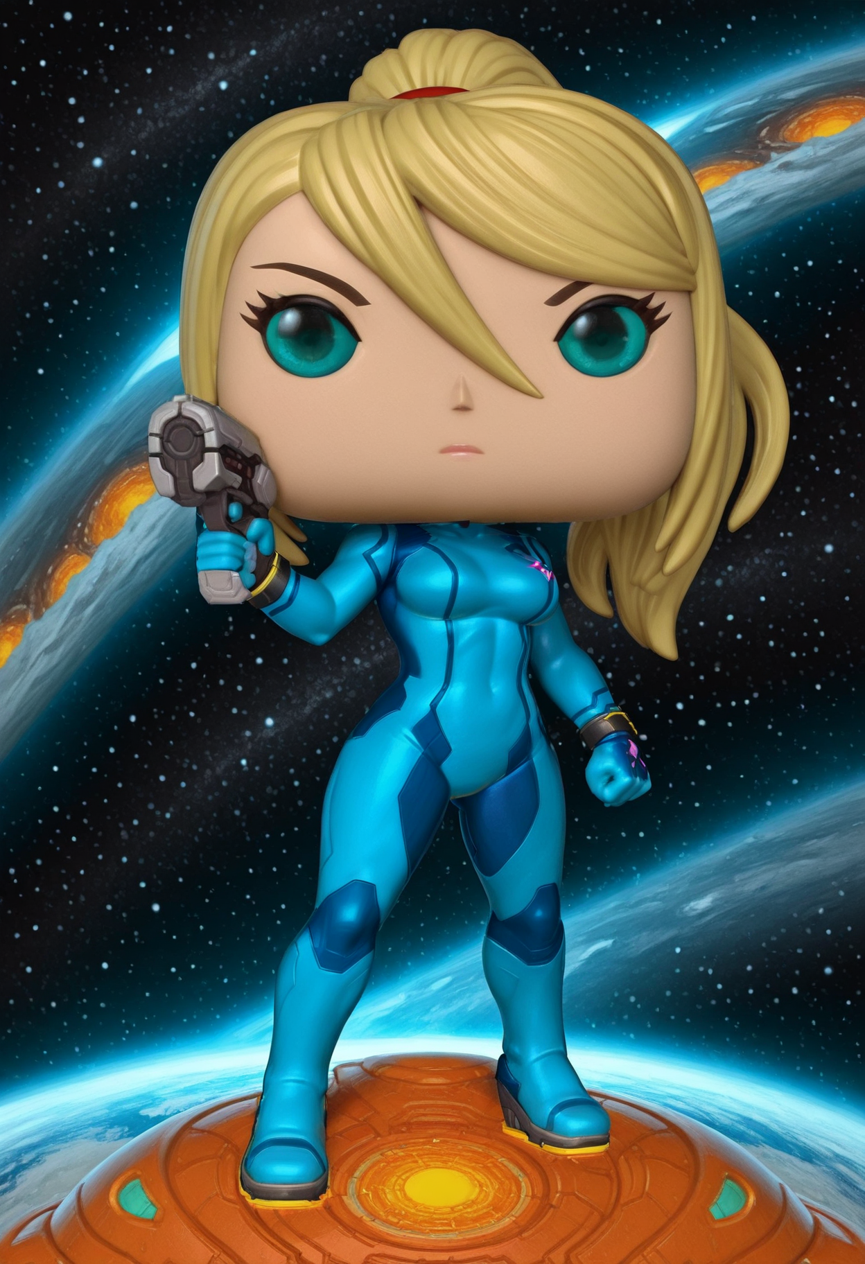 masterpiece, best quality, amazing quality,  funkopop, <lora:funkoPopIllustrious:1.2>
1girl, solo, , samus aran, science fiction, in a spaceship, space, zero suit, holding a gun,