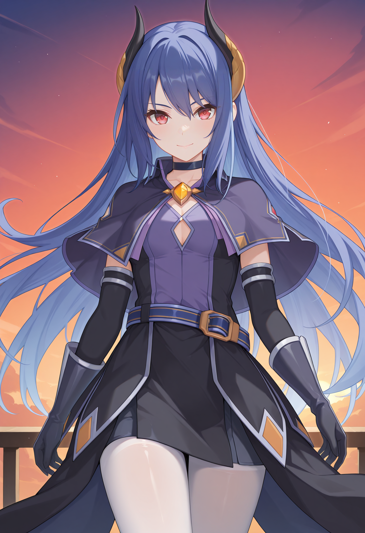 highres, best quality, masterpiece, sunset,
1girl, solo, pcrrei, very long hair, blue hair, demon horns, red eyes,
reipcdef, black choker, purple shirt, black dress, clothing cutout, black capelet, blue belt, black skirt, skirt under dress, high-low skirt, elbow gloves, black gloves, white pantyhose,
looking at viewer, serious, smile,
standing, cowboy shot,
<lora:_rei_pcr-elesico-ilxlAb-000002:1>