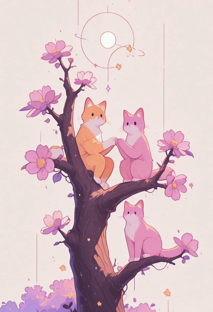 masterpiece, best quality, absurdres, cats sitting on a tree branch, facing each other in an intimate and harmonious pose. The left cat is black, while the right cat is white, creating a striking contrast. They are surrounded by delicate, blooming branches with small flowers, adding a serene and romantic atmosphere. The background is softly blurred, focusing the viewer's attention on the cats and their interaction. The lighting is soft, emphasizing the texture of their fur and the gentle ambiance of the scene. pink heart in front of them, white sphere in the background, h4ra_illu, momosp, MalinaCharmingStyle