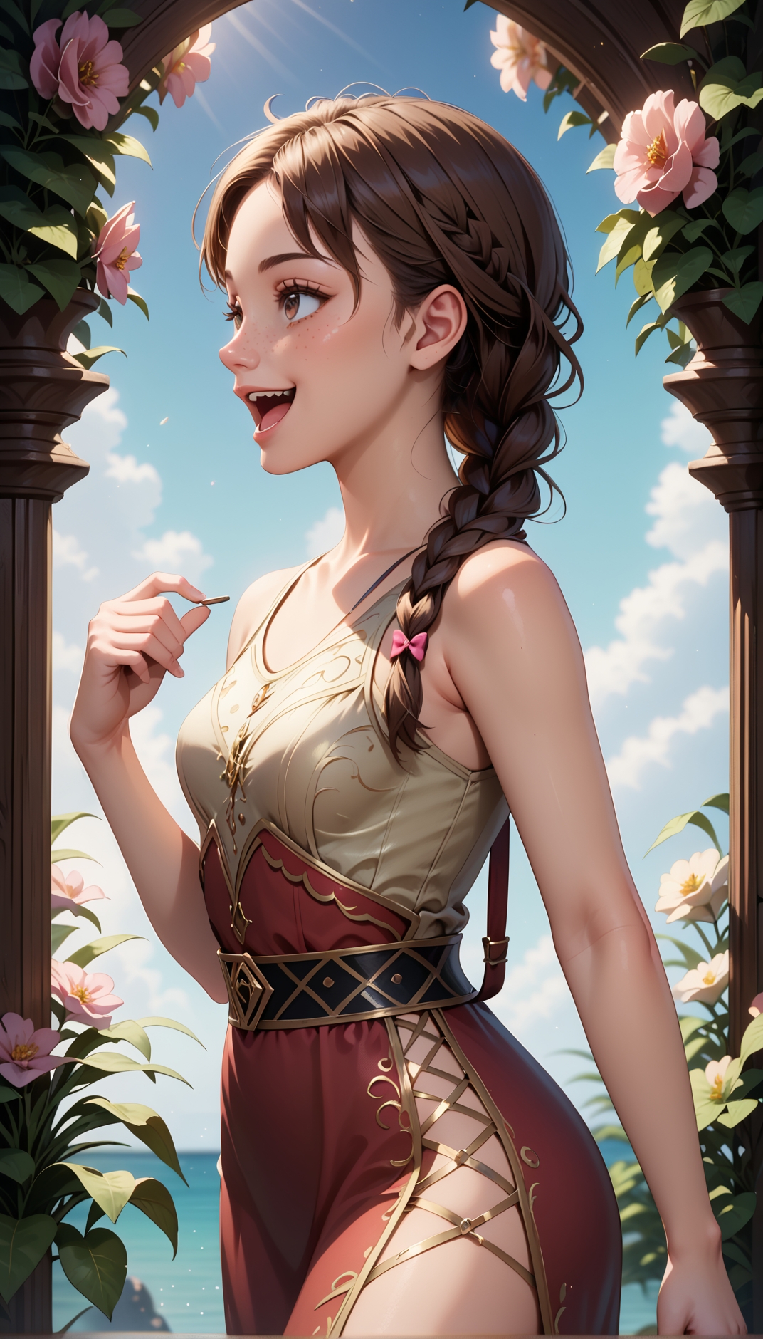 score_9, score_8_up, score_7_up,masterpiece,best quality,high quality,rating_safe,sfw,anime artwork,cinematic,very aesthetic,natural lighting,3d cartoon, 1girl french,hazel eyes,solo, (((young adult)),older),writing,happy,laughing, contempt face expression, long brown hair, Fishtail braid hairstyle,side slit,small breasts, detailed skin,intricate skin details, freckles:1.5, vanishing point, profile, floral background, soft diffused lighting, detail shadow, detailed skin texture, natural skin, clean skin pores, highly detailed iris, highly detailed skin texture, perfect eyes, ,intricate details,extremely detailed, highly detailed, detailed,absurdres,Hires