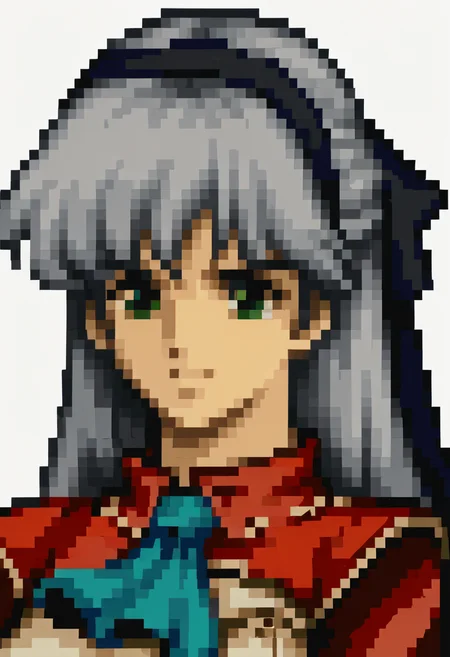 score_9, score_8_up, score_7_up, source_anime, 1girl, solo,
<lora:zs_FE4PortraitsXL:1> fe4portraits, portrait, pixel art, white background
<lora:elie-pdxl-nvwls-v2:1> zeroelie, grey hair, long hair, green eyes, black hairband, hair ribbon, black ribbon, red shrug top, blue ascot, white dress