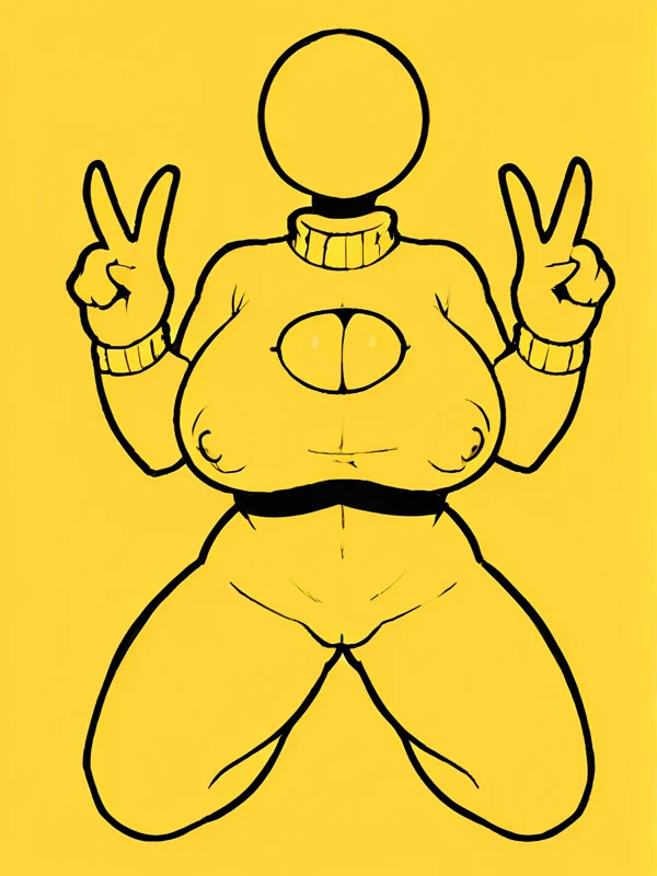<lora:wrnsignPDXL_11a:1>  yellow background, black lineart, (yellow body:1.1), flat colors, solo, humanoid, female, eyeless, big breasts, yellow clothing, keyhole turtleneck, nipple outline, kneeling, v sign