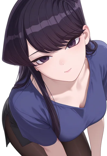 Smooth Quality,masterpiece,very intricate, high quality details, ultra realistic, high detailed skin,detailed enviorement,
simple background, white background,from above,^q^ ,
 <lora:Komi_Shouko_cnn:0.8> komi shouko, 1girl,black hair, long hair, bangs, purple eyes, 
baggy pants, ,side slit pantyhose,,