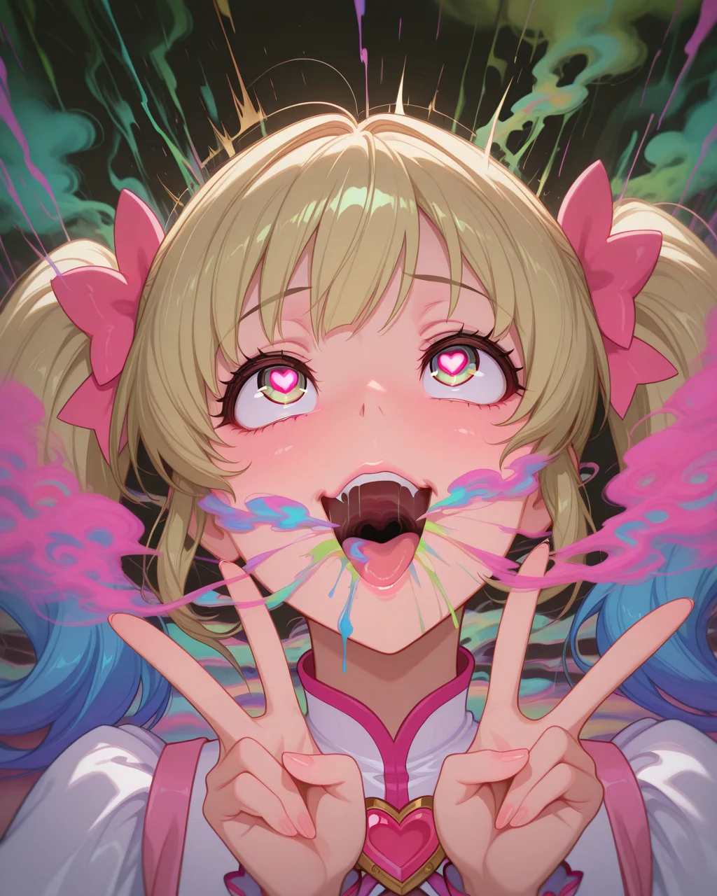masterpiece,best quality,higres illustration,detailed face,1girl,<lora:got_smoked_IL:1.5>,colorful smoke,upper body,
face focus,heart-shaped pupils,double v,ahegao,
magical girl,twintails,looking up,