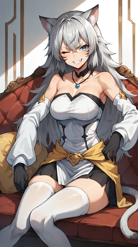 score_9,score_8_up,score_7_up,score_6_up, source_anime, zPDXL, <lora:xl_more_art-full_v1:0.5>, woman, dynamic pose, <lora:Suphia - Pony-000004:0.7>, white top, long hair, gray hair, cat ears, blue eyes, necklace, yellow waist cape, white sleeves, detached sleeves, black face markings, black miniskirt, white thighhighs, cat tail, black gloves, winking, sitting on couch, evil grin,