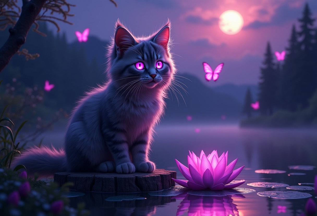 Masterpiece, 4k, 8k, high quality, highly detailed, A MaineCoon kitten with glowing purple eyes, long fluffy ears, detailed colorful fur, long thick whiskers, glowing whiskers, sitting on a stump in the middle of an enchanted lake, ((enchanted forest setting)), ((magical purple lights)), glowing pink  butterflies in background, amazing dark skyline, night time, digital concept art, glowing lotus flower in lake,