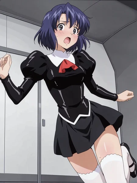 masterpiece,best quality,newest,
1girl,solo,
anime screencap,<lora:delmo_yuki_ilxl_v1.0:1>,yuki,blue hair,short hair,black eyes,
d_clothes,red ascot,black dress,juliet sleeves,long sleeves,bare hands,black skirt,white thighhighs,
<lora:Fixhands_anime_bdsqlsz_V1:1>,(looking_at_viewer:1.2),simple_background,white background,light_blush,Inside a Spaceship,reaching towards viewer,panicking,open mouth,sweat,jumping,