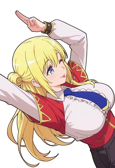 Smooth Quality,masterpiece,very intricate, high quality details, ultra realistic, high detailed skin,detailed enviorement,absurdres,
two-finger salute,solo,
 <lora:Enome_CNR:0.8> enome_cnr, blonde hair, blue eyes, long hair, large breasts, hair between eyes, white shirt, blue necktie, collared shirt, long sleeves, skirt, capelet, necktie, center frills,single hair bun, half updo,, simple background, white background, sideways,
jumping, arms raised, legs bent, happy face, energetic posture,  ,, cropped jacket, ,baseball jacket,  ,jogger pants,  ,, ;p,