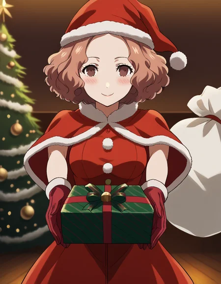 score_9, score_8_up, score_7_up, source_anime, <lora:haru-okumura-s1-ponyxl-lora-nochekaiser:1>, haru okumura, brown eyes, brown hair, short hair, medium breasts, anime screencap, <lora:santa-costume-ponyxl-lora-nochekaiser:1>, santa costume, santa hat, christmas, sack, merry christmas, gift, fur-trimmed headwear, holding sack, santa dress, fur-trimmed dress, christmas tree, christmas tree, fur trim, red capelet, gift box, red gloves, fur-trimmed capelet, santa gloves, red hat, hat,, smile, blush, looking at viewer, <lora:incoming-gift-ponyxl-lora-nochekaiser:1>, incoming gift, outstretched arms, holding, holding gift, gift, gift box,, , dutch angle, cowboy shot