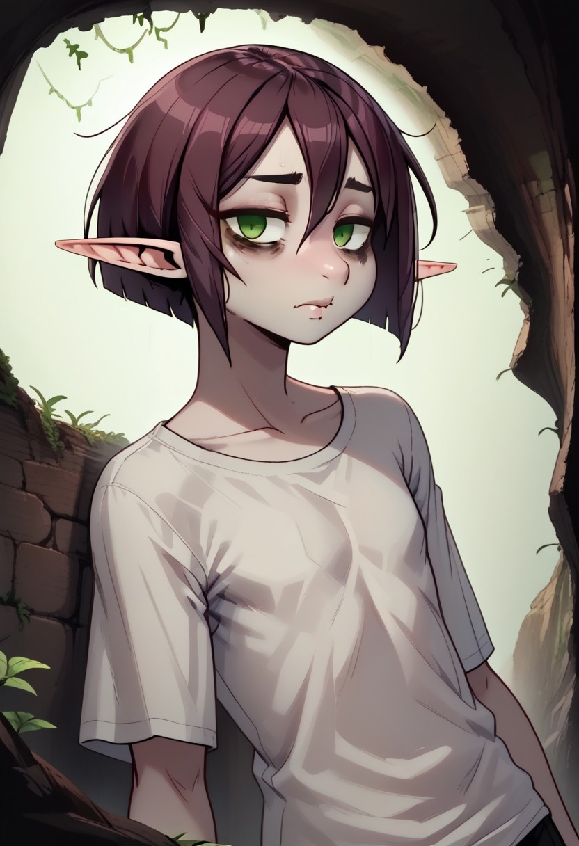 4byss, Lapanya, pointy ears, ((snout nose)), flat chest, androgynous, featureless chest, solo, lean physique, ((sidecut hair)), very short pixie-cut hair:1.1, dark maroon hair, bright green eyes, ((sunken cheeks, bags under eyes)), pale skin, undershirt,
Dutch angle,
Neutral expression, half-lidded eyes, threatening aura, ((close up, face focus, head shot)),
((cavern background, wall hangings, organic chamber, soft light, moss on ceiling, luminous moss)), clean lines, smooth colors, sfw, source: semi-realistic, rating: pg, score: 8 up, score: 9