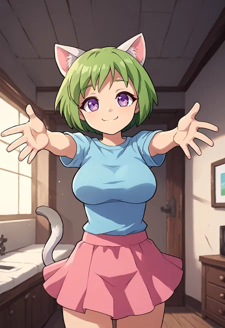 score_10, score_9, score_8, 1girl, solo, rakuchan, pink skirt, purple eyes,blue shirt,green hair, smile, eye shine,(large breasts:0.6), indoors, white cat ears, grey cat tail, outstretched arms, cowboy shot