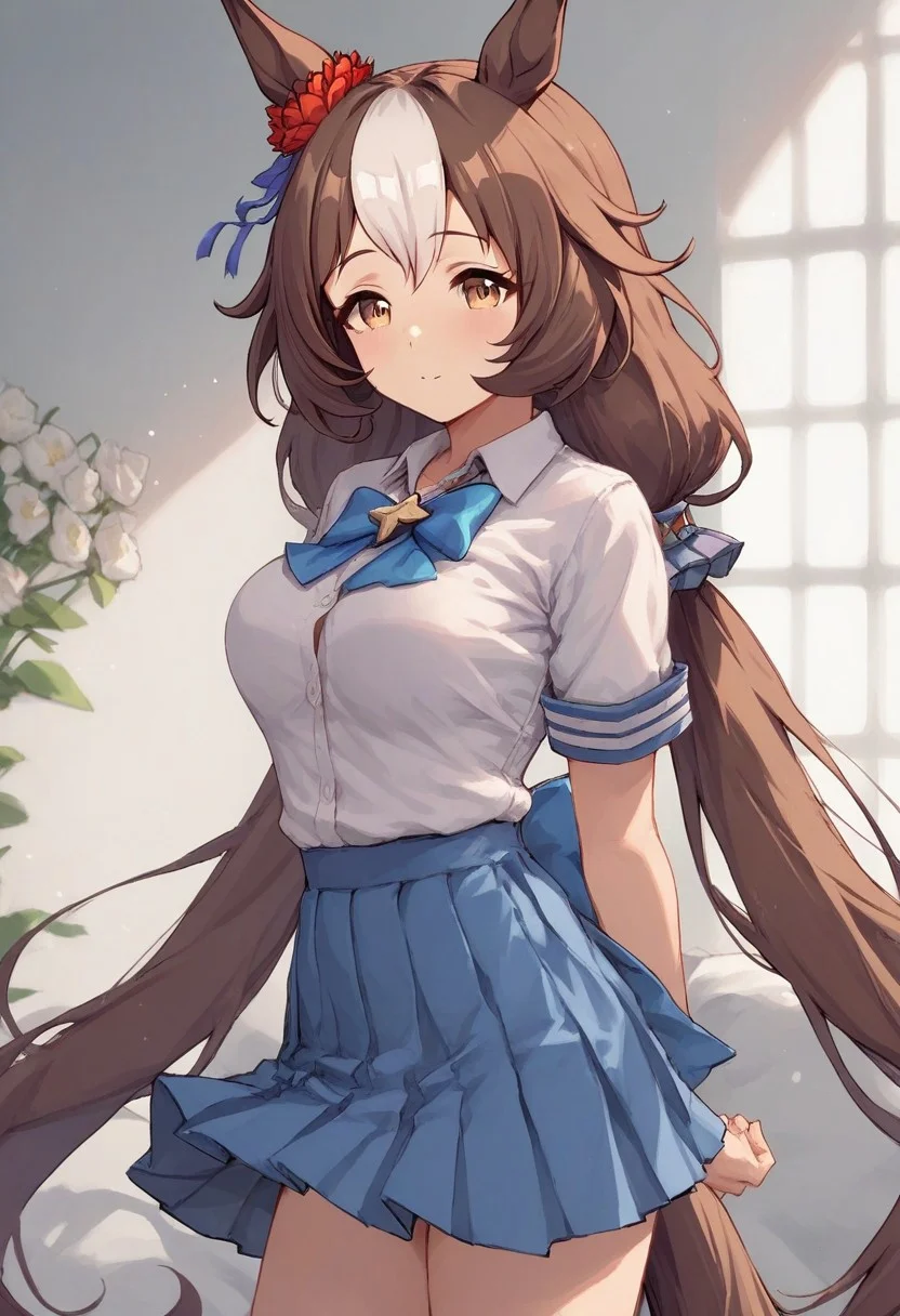 score_9,score_8_up,score_7_up, Expressiveh,  1girl, solo, yamanin_zephyr_(umamusume), 1girl, solo, bangs, two-tone hair, very long hair, low twintails, horse girl, horse ears, brown hair, white hair, long hair, breasts, medium breasts, brown eyes, flower, horse tail, school uniform,