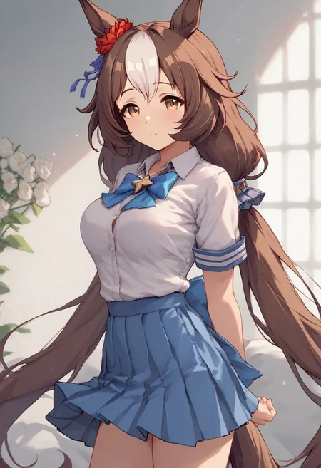score_9,score_8_up,score_7_up, Expressiveh, 1girl, solo, yamanin_zephyr_(umamusume), 1girl, solo, bangs, two-tone hair, very long hair, low twintails, horse girl, horse ears, brown hair, white hair, long hair, breasts, medium breasts, brown eyes, flower, horse tail, school uniform,