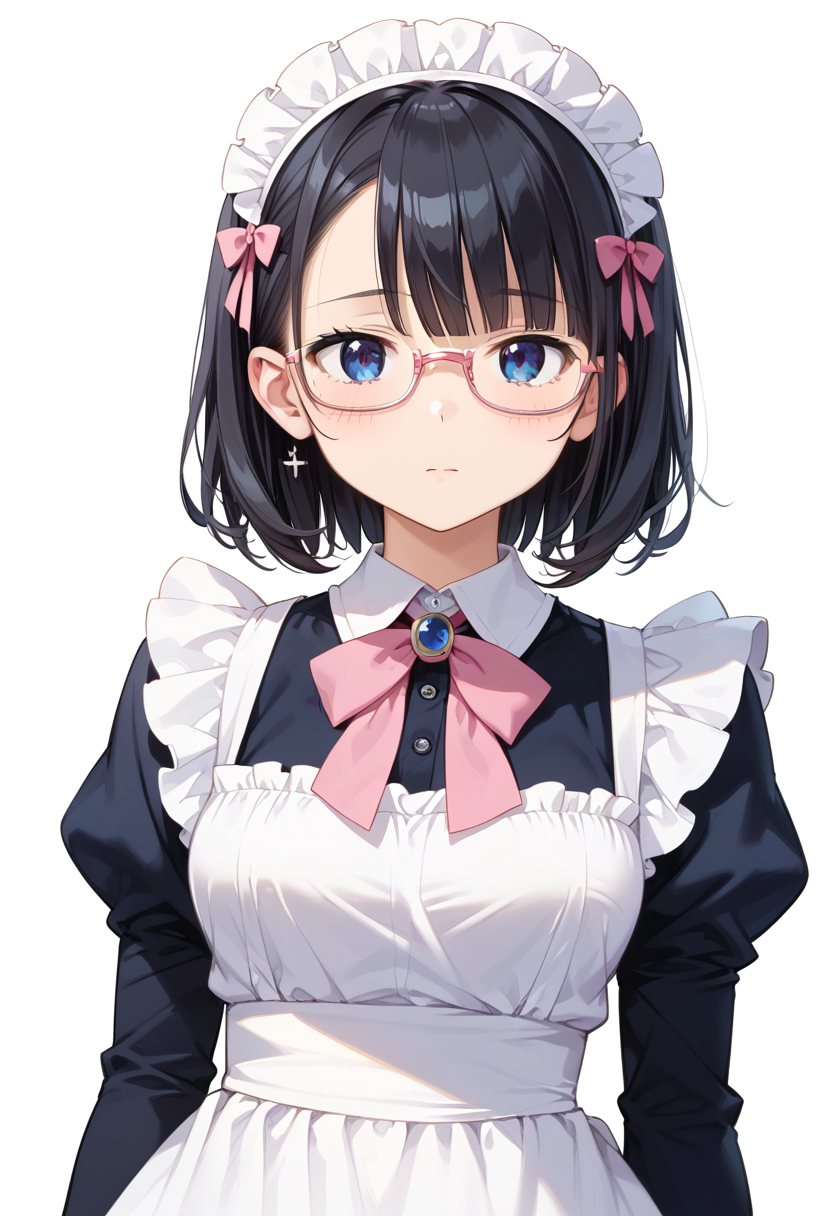 score_9, score_8_up, score_7_up, rating_safe, masterpiece, best quality, absurdres, unity 8k wallpaper, official art, official style, source_anime, uncensored, game cg, megami magazine,
1girl, solo, black hair, medium hair, upper body, covered eyes,maid, maid headdress, black dress, maid apron, face focus,
underrim_metal, glasses, still life, white background, simple background, under-rim eyewear, pink-framed eyewear, 
 <lora:glasses_underRimMetal_PONY_V1:1>