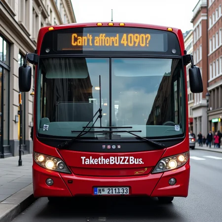 Front view of a city bus displaying "Can't afford 4090? Take the BUZZ Bus!"