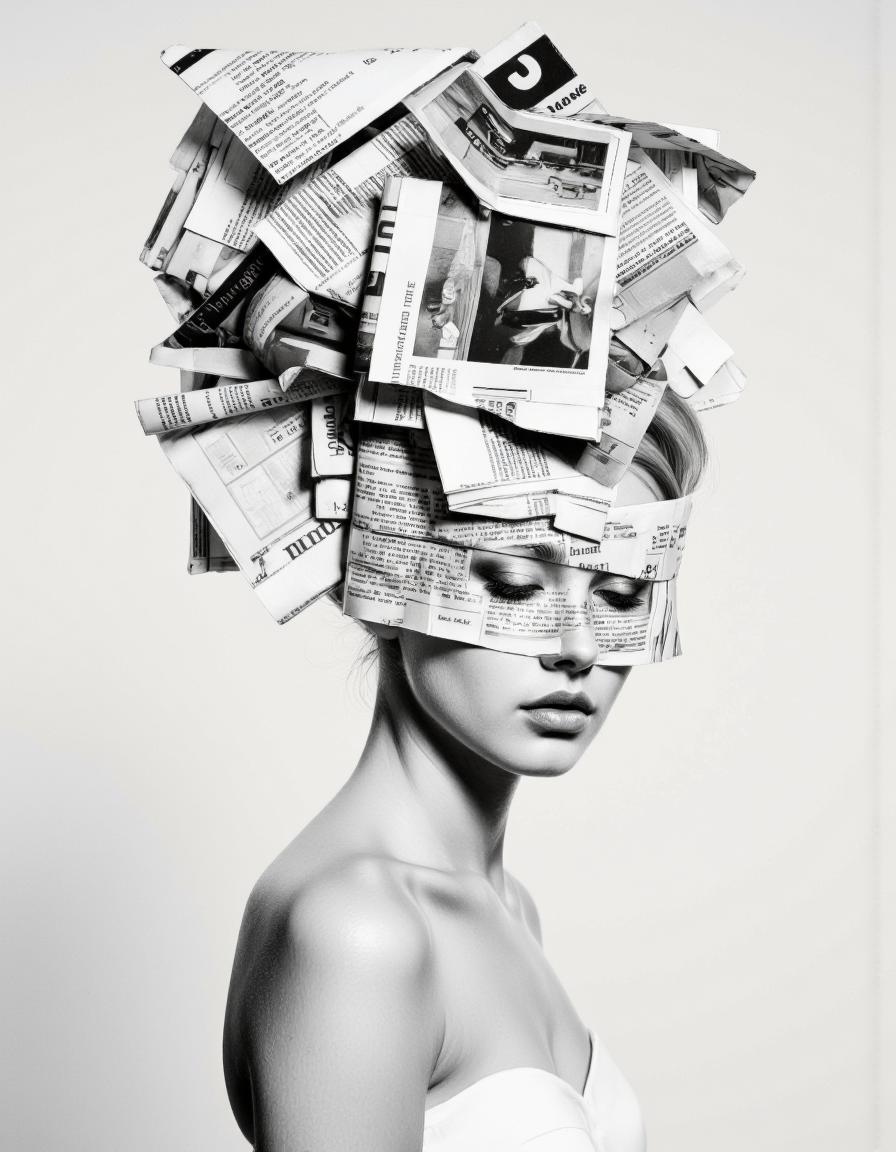 By Tom Nulens. A black and white photo shoot from a profile camera angle about a stylized portrait of a woman with a head made of newspapers, featuring a woman in the middle of the image, with her upper body facing the viewer and her eyes closed. the woman, who appears to be a young adult, has fair skin, short blonde hair, and is wearing minimal clothing, bare shoulders, and a strapless dress. she is standing against a plain white background, with the image being monochrome and focusing on her face and upper body. her expression is serene, and she is looking directly at the viewer with her closed eyes. her hair is styled in a messy manner, with a large amount of newspapers covering her head, creating a surreal and dreamlike atmosphere. <lora:Tom_Nulens:0.8045440673828125>