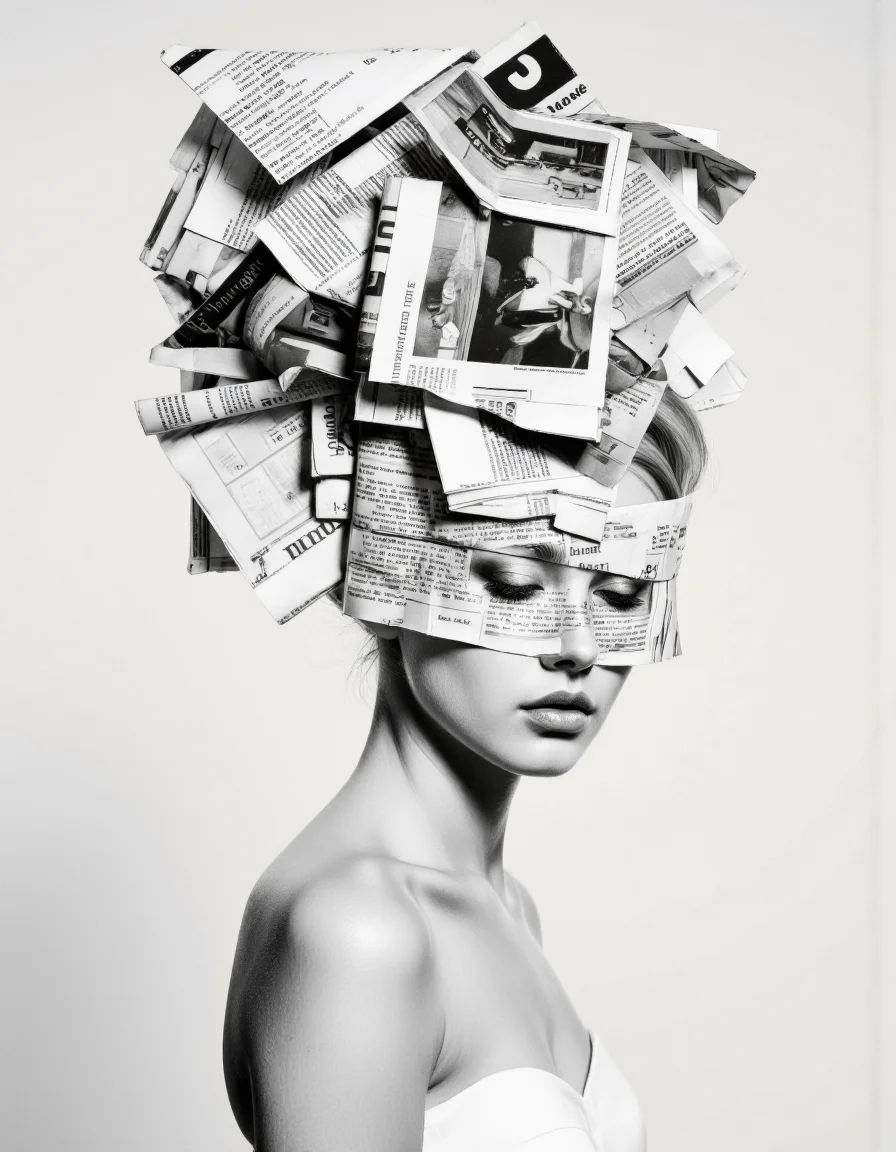 By Tom Nulens. A black and white photo shoot from a profile camera angle about a stylized portrait of a woman with a head made of newspapers, featuring a woman in the middle of the image, with her upper body facing the viewer and her eyes closed. the woman, who appears to be a young adult, has fair skin, short blonde hair, and is wearing minimal clothing, bare shoulders, and a strapless dress. she is standing against a plain white background, with the image being monochrome and focusing on her face and upper body. her expression is serene, and she is looking directly at the viewer with her closed eyes. her hair is styled in a messy manner, with a large amount of newspapers covering her head, creating a surreal and dreamlike atmosphere. <lora:Tom_Nulens:0.8045440673828125>