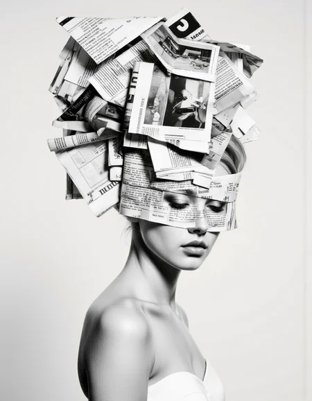 By Tom Nulens. A black and white photo shoot from a profile camera angle about a stylized portrait of a woman with a head made of newspapers, featuring a woman in the middle of the image, with her upper body facing the viewer and her eyes closed. the woman, who appears to be a young adult, has fair skin, short blonde hair, and is wearing minimal clothing, bare shoulders, and a strapless dress. she is standing against a plain white background, with the image being monochrome and focusing on her face and upper body. her expression is serene, and she is looking directly at the viewer with her closed eyes. her hair is styled in a messy manner, with a large amount of newspapers covering her head, creating a surreal and dreamlike atmosphere. <lora:Tom_Nulens:0.8045440673828125>