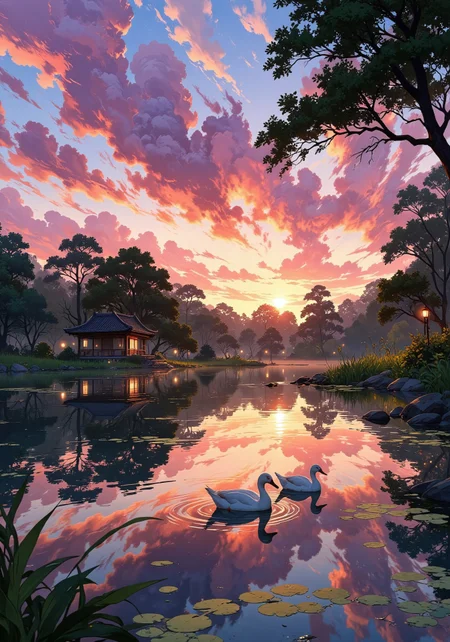 As the sun sets over a beautiful spring garden, the sky turns into a dreamy canvas of lavender, purple, and rose gold. A gentle breeze sends bright green leaves dancing across the pond’s surface, where two white ducks rest in the pond. The water reflects the burning hues of the sky, blending reality with a surreal warmth. In the distance, a small tea house with glowing lanterns invites weary travelers, and the air smells of spring rain, warm earth, and faint hints of growing grass. A scene filled with growth, tranquility, and soft enchantment.
VibrantlySharp style., Anime art