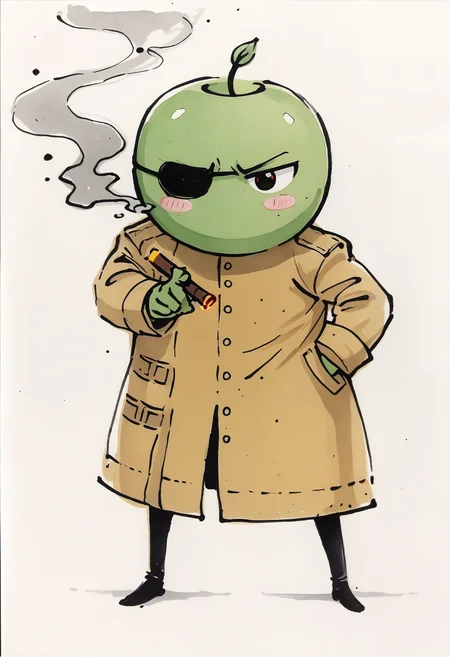 score_9, score_7_up BREAK sketch,traditional media,white background,NSJunimoStardew, green skin, blush stickers, no mouth, solid circle eyes, black eyes, sprout on head, creature, no humans, full body,trench coat,eyepatch,serious,holding cigar,smoke,spy,pose <lora:NSJunimoStardew:0.8> <lora:Yoji:0.8>