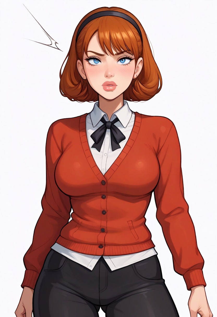 score_9, score_8_up, score_7_up, detailed eyes, detailed body, ultra HD quality details, marker \(medium\),
Expressiveh, BREAK.
white background, (full body:0.3), front view, (angry:0.3), standing, solo, BREAK.
sharona, 1girl, hairband, breasts, lips, red cardigan, blouse, black pants,