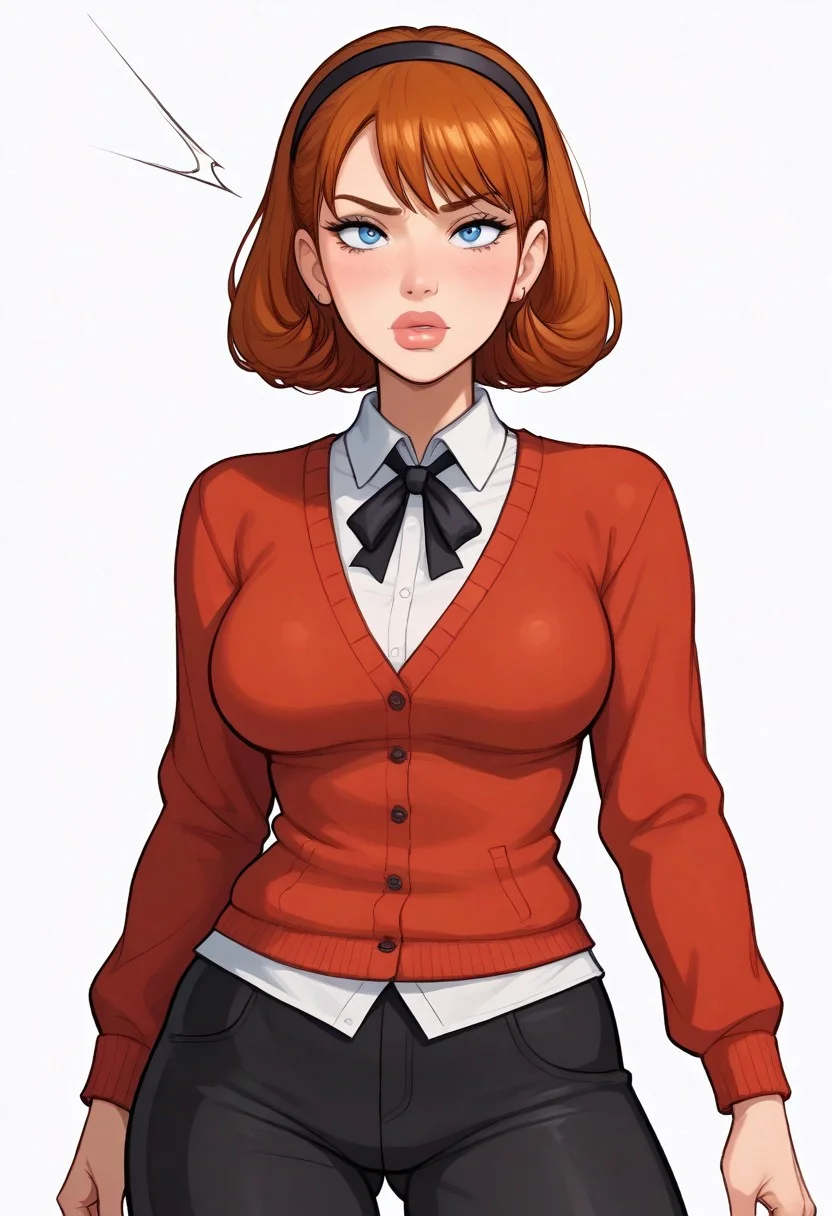 score_9, score_8_up, score_7_up, detailed eyes, detailed body, ultra HD quality details, marker \(medium\),
Expressiveh, BREAK.
white background, (full body:0.3), front view, (angry:0.3), standing, solo, BREAK.
sharona, 1girl, hairband, breasts, lips, red cardigan, blouse, black pants,